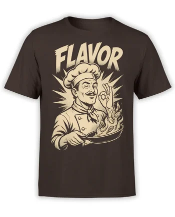 Brown T-shirt with vintage winking chef holding a plate of food beneath bold FLAVOR lettering