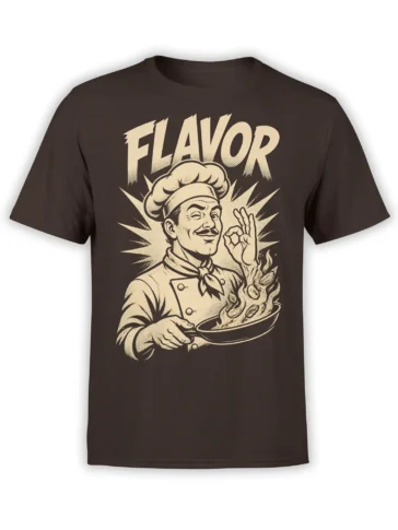 Brown T-shirt with vintage winking chef holding a plate of food beneath bold FLAVOR lettering