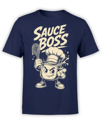 Sauce Boss chef pot graphic in cream ink on a navy T-shirt