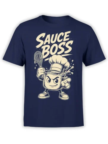 Sauce Boss chef pot graphic in cream ink on a navy T-shirt