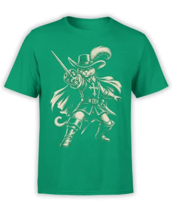 Green T-shirt with a cream cat duelist wearing a feathered hat, cape, armor, and boots while holding a sword
