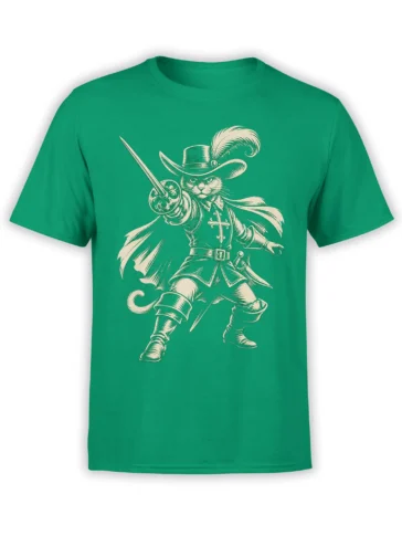 Green T-shirt with a cream cat duelist wearing a feathered hat, cape, armor, and boots while holding a sword