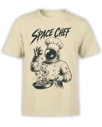 Beige Space Chef T-shirt showing an astronaut chef with a pan, floating food, a ringed planet, and bold black lettering.