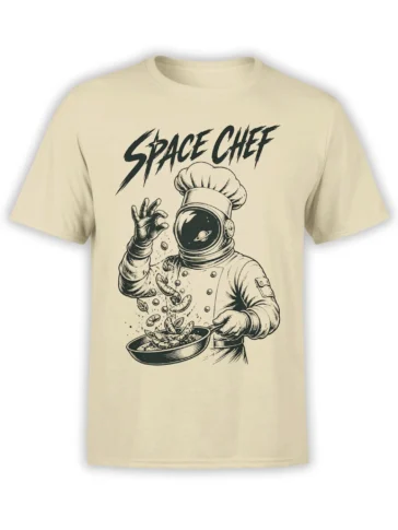 Beige Space Chef T-shirt showing an astronaut chef with a pan, floating food, a ringed planet, and bold black lettering.