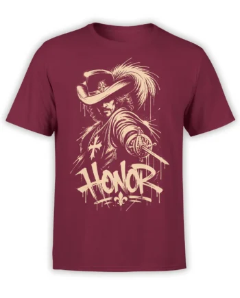 Vintage warrior portrait with feathered hat, sword, and HONOR lettering on a burgundy T-shirt
