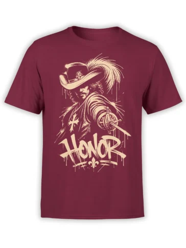 Vintage warrior portrait with feathered hat, sword, and HONOR lettering on a burgundy T-shirt