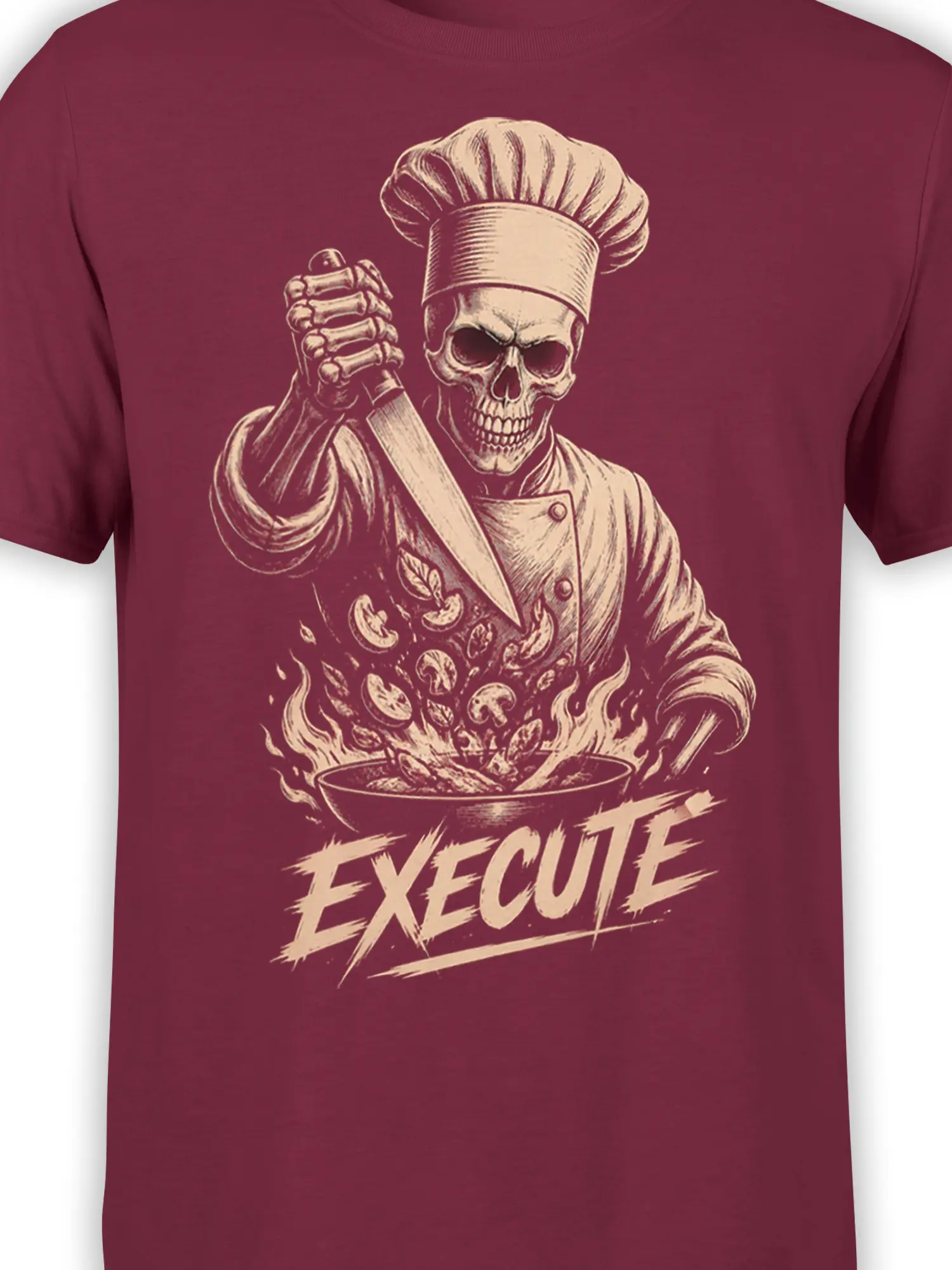Close-up of the skeleton chef, knife, flames, and EXCUSE artwork printed on a burgundy graphic tee