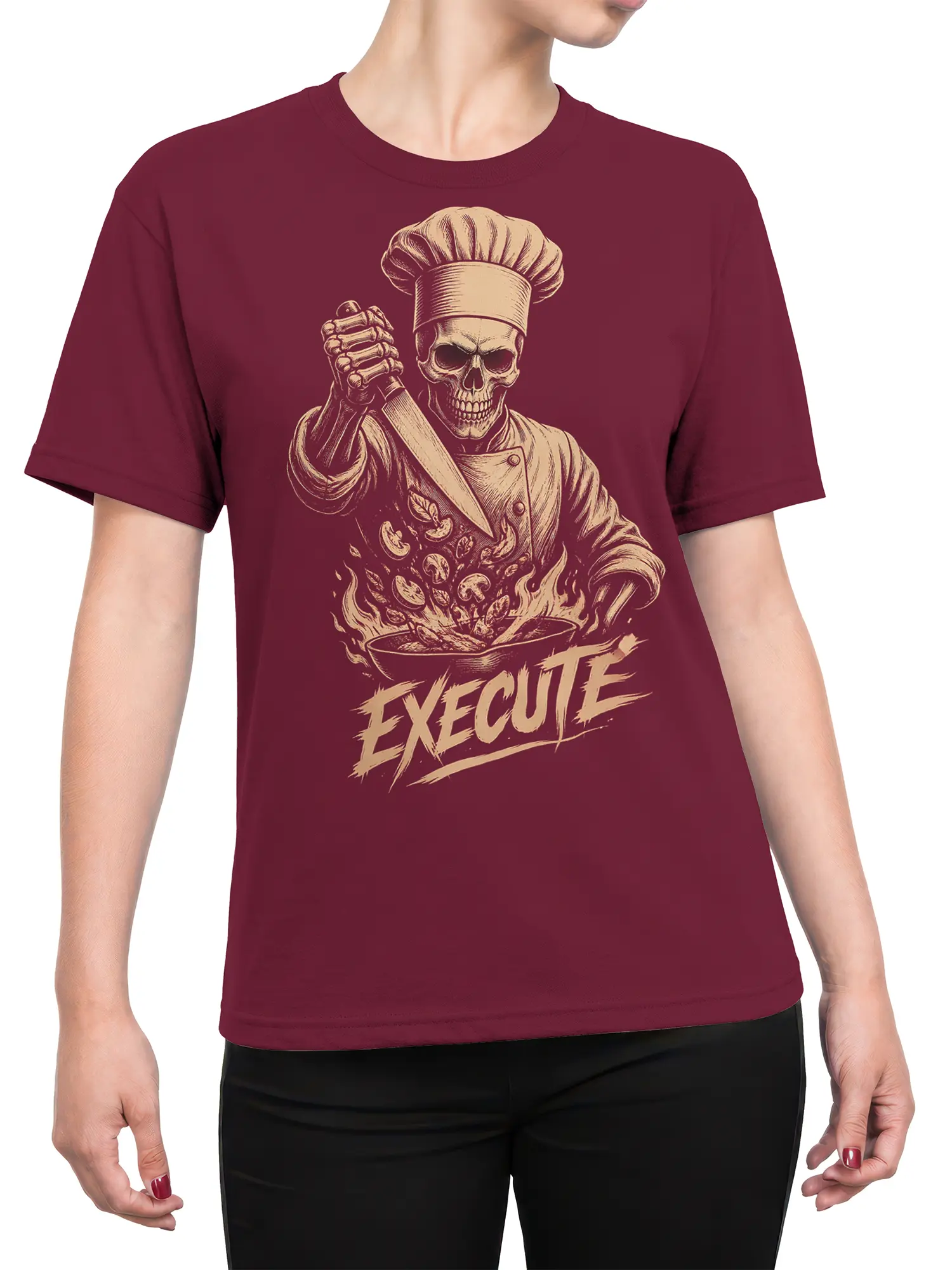 Female torso wearing a burgundy skeleton chef T-shirt with knife, flaming bowl, and EXCUSE graphic