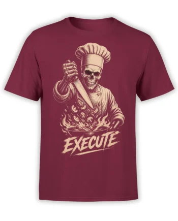 Skeleton chef holding a kitchen knife over a flaming bowl with EXCUSE lettering on a burgundy T-shirt