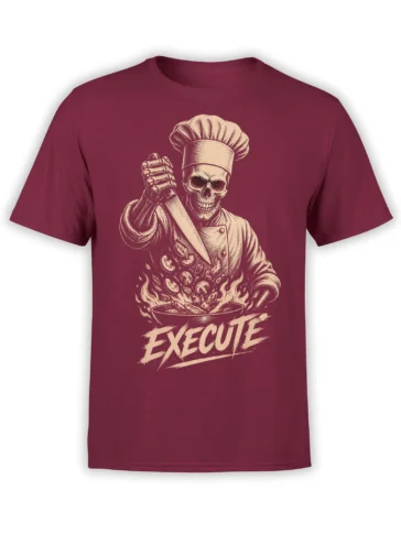 Skeleton chef holding a kitchen knife over a flaming bowl with EXCUSE lettering on a burgundy T-shirt