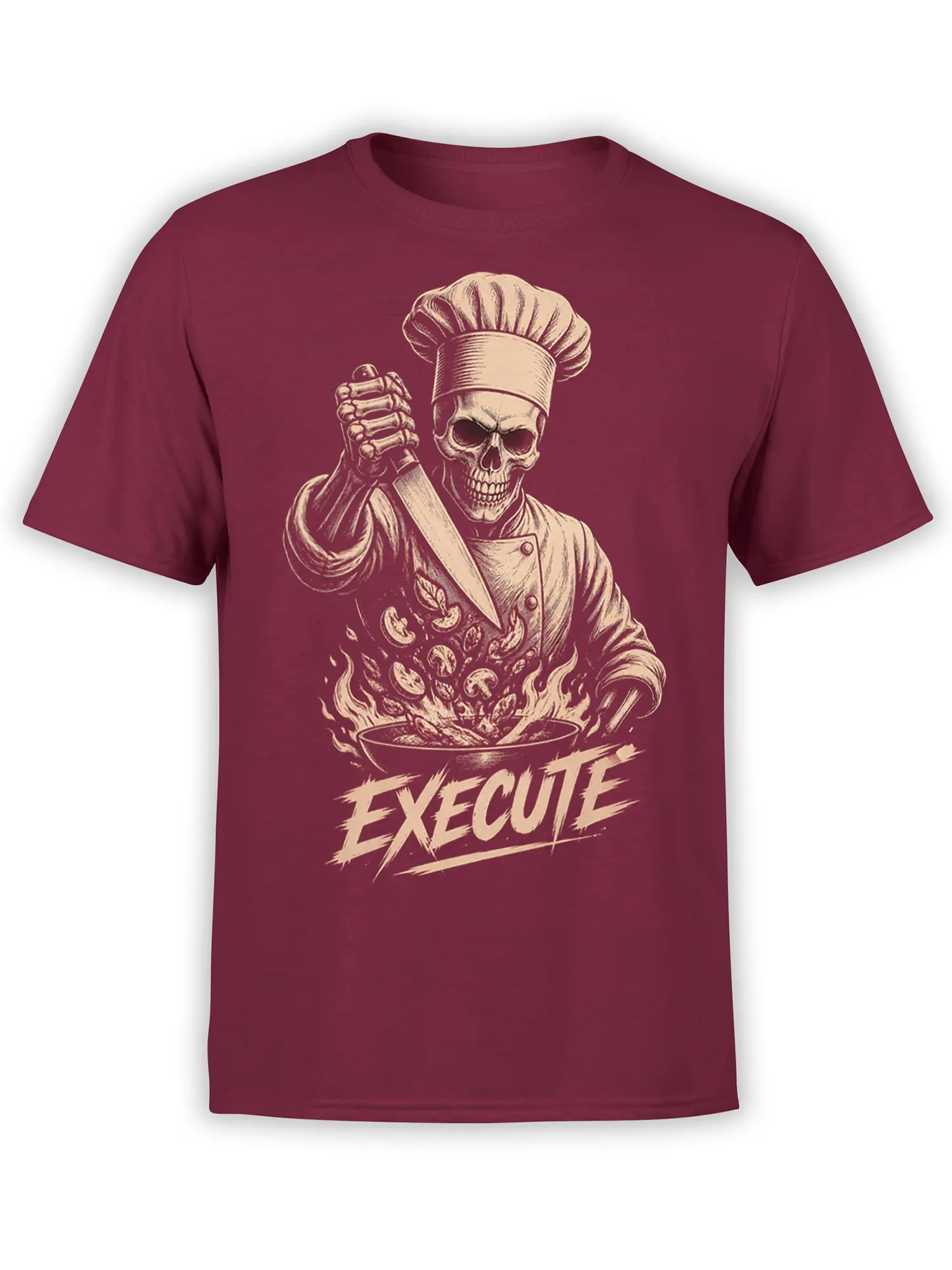 Skeleton chef holding a kitchen knife over a flaming bowl with EXCUSE lettering on a burgundy T-shirt
