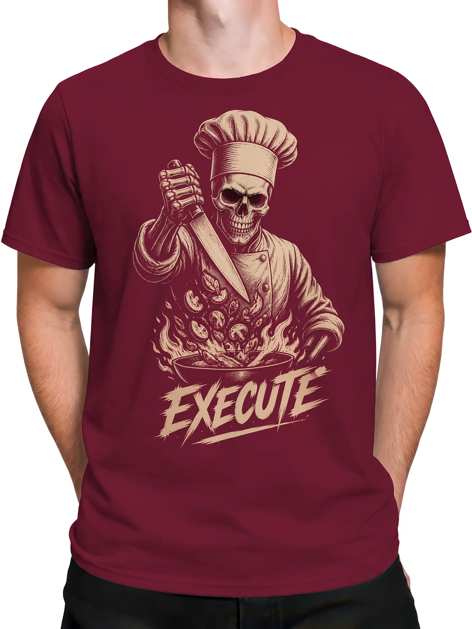 Male torso wearing a burgundy skeleton chef T-shirt with vintage kitchen artwork and EXCUSE text