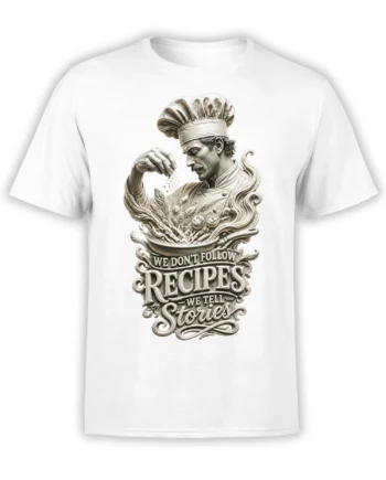 vintage chef sprinkling ingredients on a white shirt with ornate We Don't Follow Recipes lettering