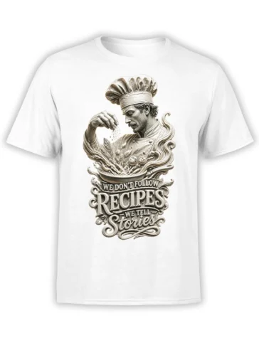 vintage chef sprinkling ingredients on a white shirt with ornate We Don't Follow Recipes lettering