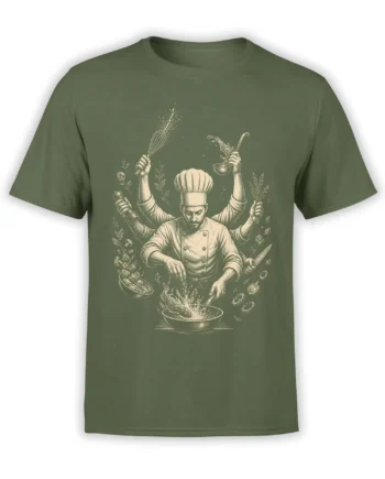 Many-handed chef cooking with a whisk, knife, herbs, and flaming pan on a green T-shirt