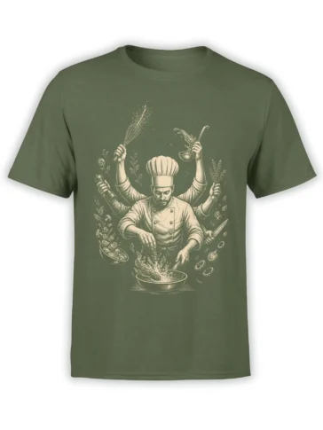 Many-handed chef cooking with a whisk, knife, herbs, and flaming pan on a green T-shirt