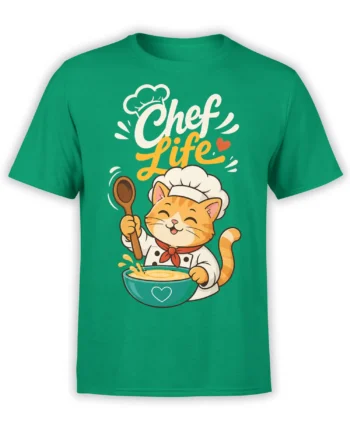 Green cat t-shirt featuring a cheerful orange chef cat stirring a bowl with a spoon under “Chef Life” text
