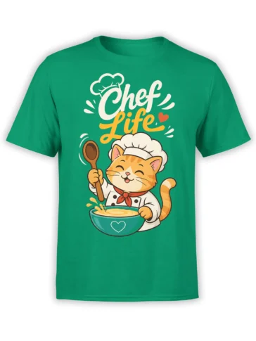 Green cat t-shirt featuring a cheerful orange chef cat stirring a bowl with a spoon under “Chef Life” text