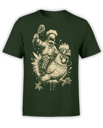 Dark green chef bird T-shirt with a mustached cook riding a goggle-wearing bird and raising a whisk