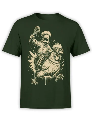 Dark green chef bird T-shirt with a mustached cook riding a goggle-wearing bird and raising a whisk