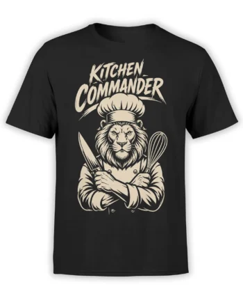 Black lion chef T-shirt with crossed knife and whisk and bold Kitchen Commander lettering