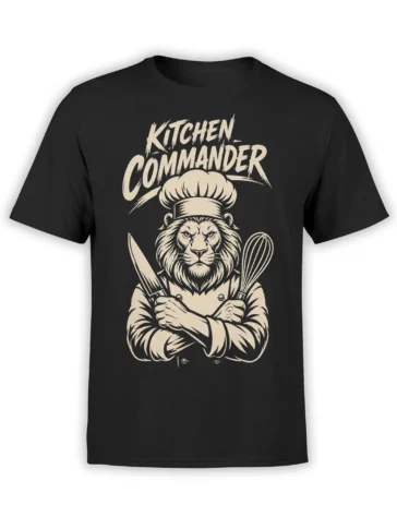 Black lion chef T-shirt with crossed knife and whisk and bold Kitchen Commander lettering