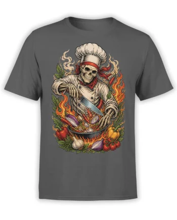 Fiery skeleton chef with knife, vegetables, peppers, and flames on a gray T-shirt