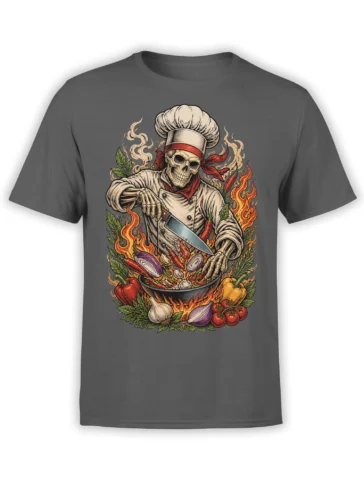 Fiery skeleton chef with knife, vegetables, peppers, and flames on a gray T-shirt