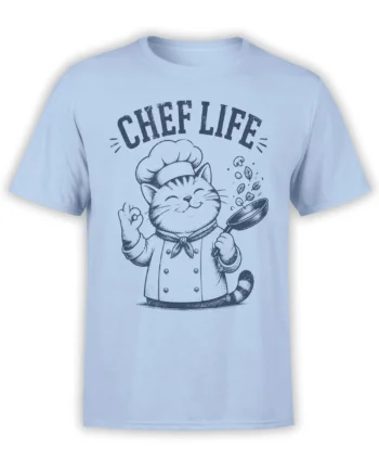 Light blue T-shirt with a smiling cat chef, frying pan, and CHEF LIFE lettering in dark blue