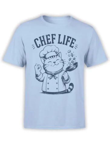 Light blue T-shirt with a smiling cat chef, frying pan, and CHEF LIFE lettering in dark blue