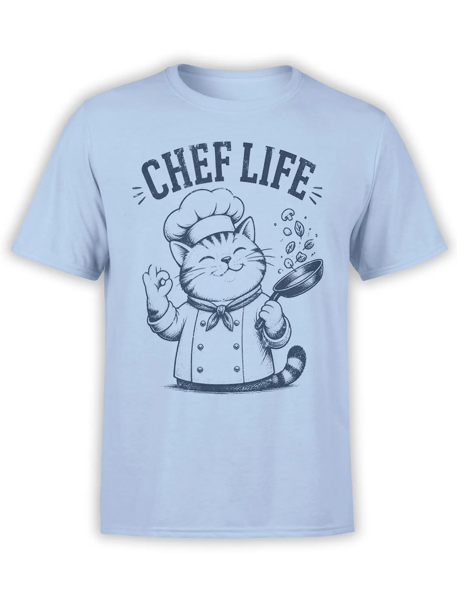 Light blue T-shirt with a smiling cat chef, frying pan, and CHEF LIFE lettering in dark blue