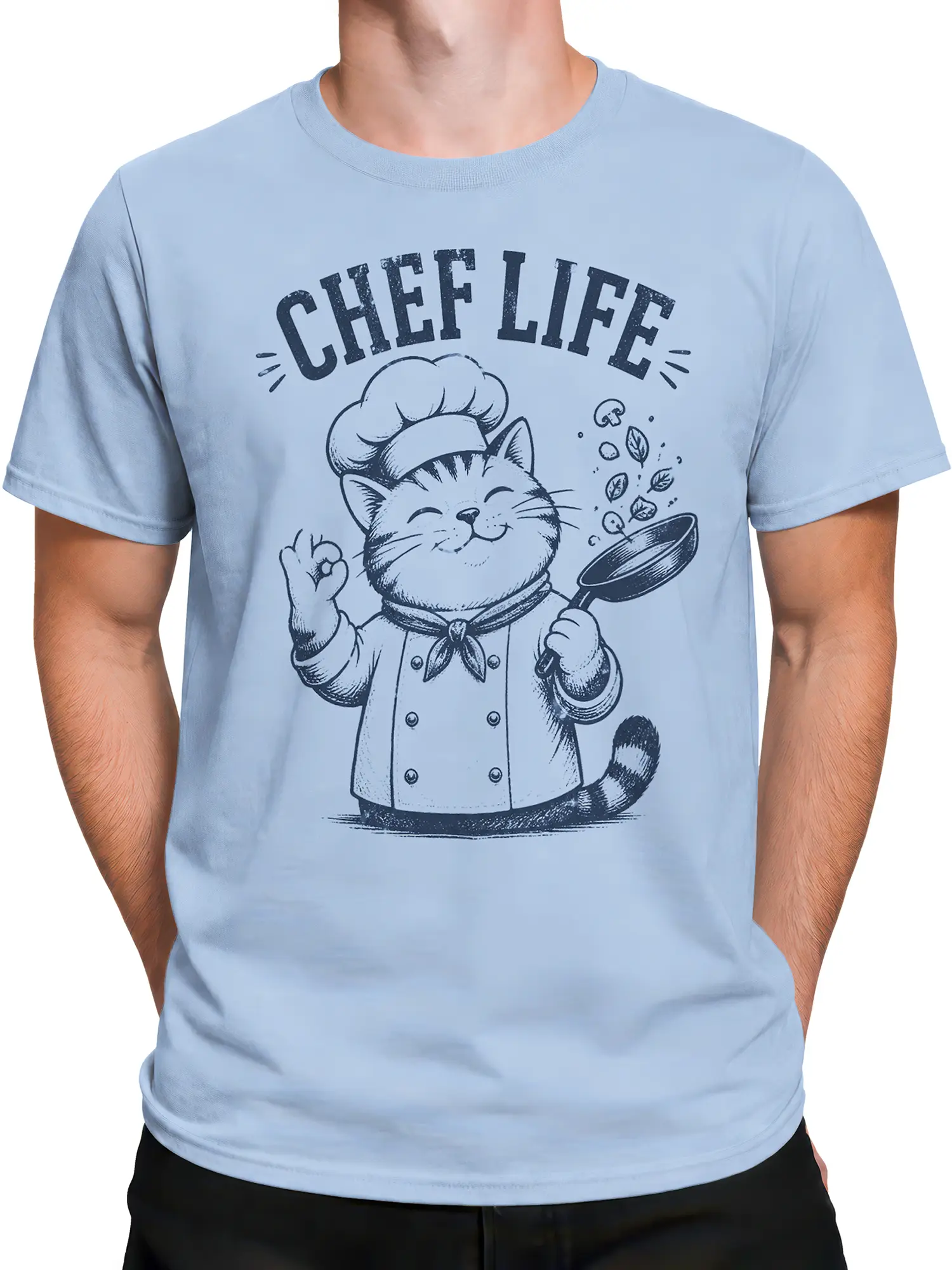 Male torso wearing a light blue cat chef T-shirt with CHEF LIFE lettering and kitchen artwork