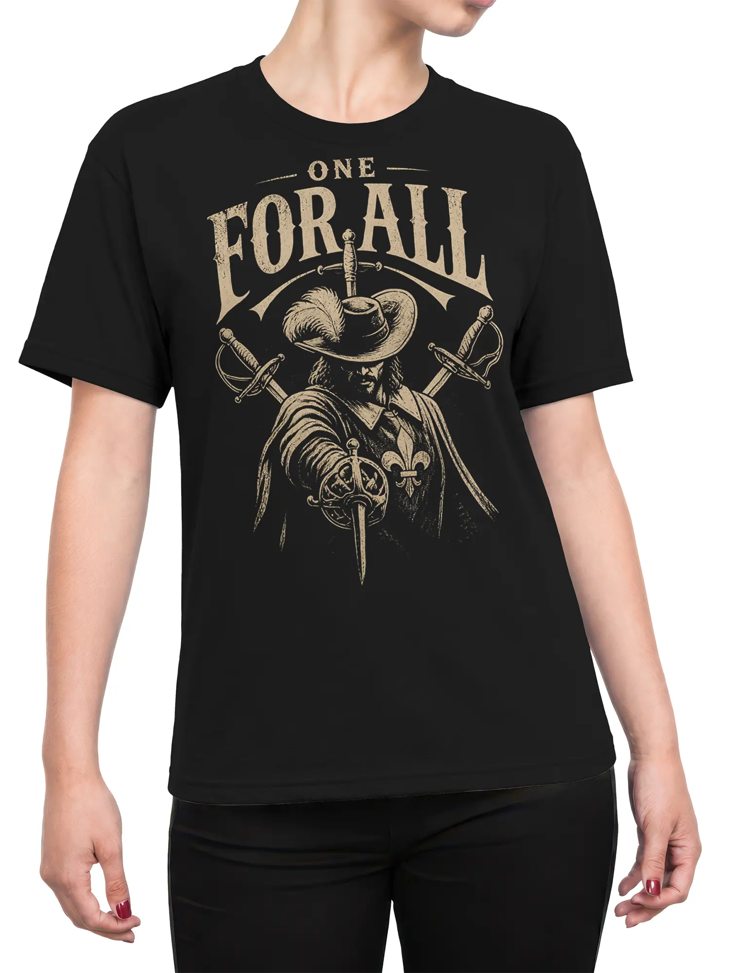 Female torso wearing a black vintage swordsman T-shirt with crossed swords and feathered hat artwork