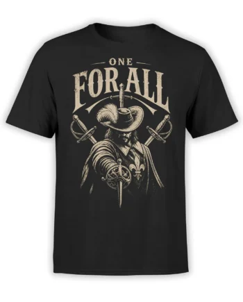 Vintage swordsman graphic T-shirt in black with crossed swords, feathered hat, fleur-de-lis, and “ONE FOR ALL” text