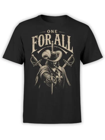 Vintage swordsman graphic T-shirt in black with crossed swords, feathered hat, fleur-de-lis, and “ONE FOR ALL” text