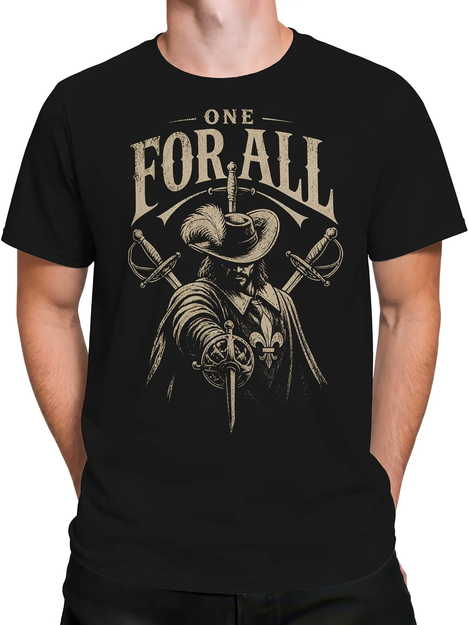 Male torso wearing a black swordsman T-shirt with vintage beige warrior artwork and crossed swords