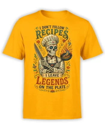 Skeleton chef holding a kitchen knife beside a flaming pan on a yellow T-shirt with vintage lettering