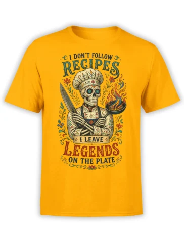 Skeleton chef holding a kitchen knife beside a flaming pan on a yellow T-shirt with vintage lettering