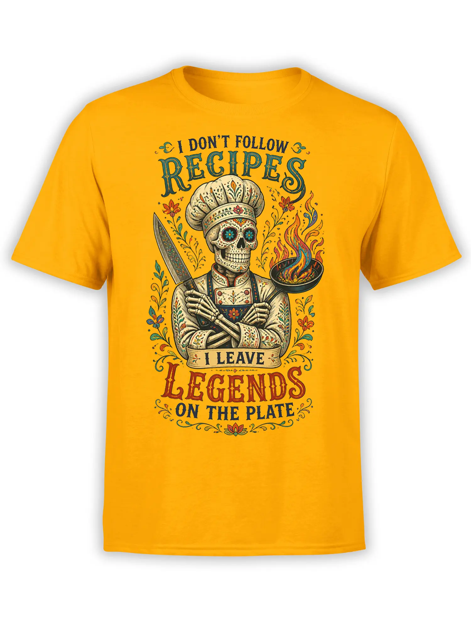 Skeleton chef holding a kitchen knife beside a flaming pan on a yellow T-shirt with vintage lettering