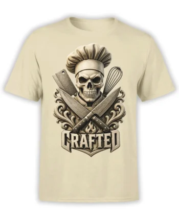 Beige T-shirt featuring a skull chef with crossed cleavers, a whisk, flames, and bold Crafted lettering