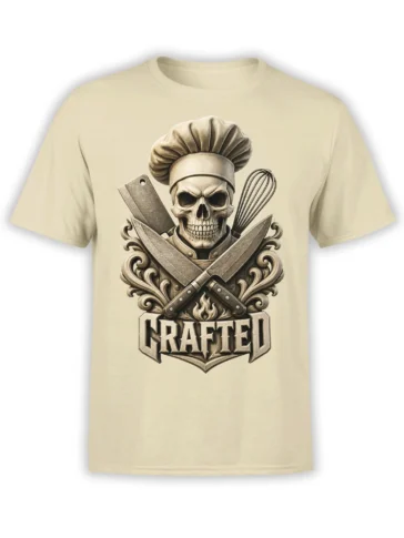 Beige T-shirt featuring a skull chef with crossed cleavers, a whisk, flames, and bold Crafted lettering