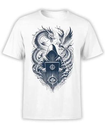 White fantasy T-shirt with a hooded laptop mystic, dragon, winged bird, and eye symbol in navy line art
