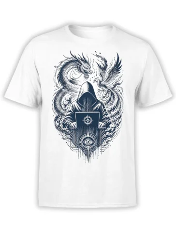 White fantasy T-shirt with a hooded laptop mystic, dragon, winged bird, and eye symbol in navy line art