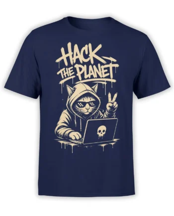Hooded hacker cat with pixel sunglasses and skull laptop graphic on a navy T-shirt