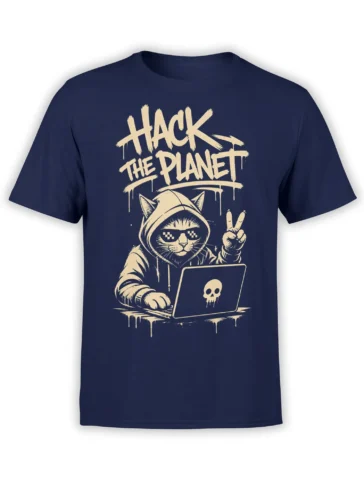 Hooded hacker cat with pixel sunglasses and skull laptop graphic on a navy T-shirt