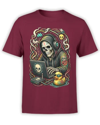 Burgundy shirt with a hooded skull hacker wearing headphones beside a laptop and a tech-wearing yellow duck