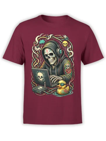 Burgundy shirt with a hooded skull hacker wearing headphones beside a laptop and a tech-wearing yellow duck