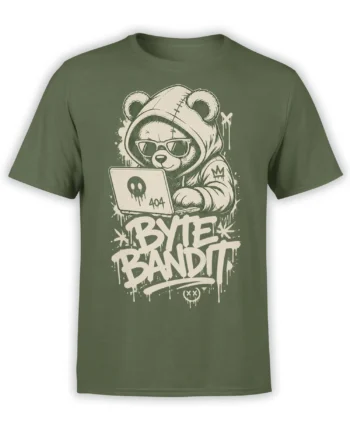 Olive green bear t-shirt with sunglasses, 404 laptop, and dripping BYE BANDIT graphic