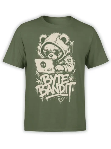 Olive green bear t-shirt with sunglasses, 404 laptop, and dripping BYE BANDIT graphic