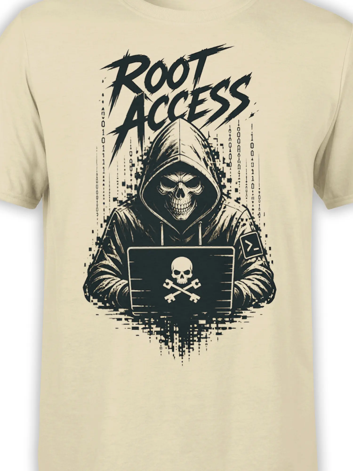 Close-up of the hooded skull laptop design and Root Access text on a beige T-shirt
